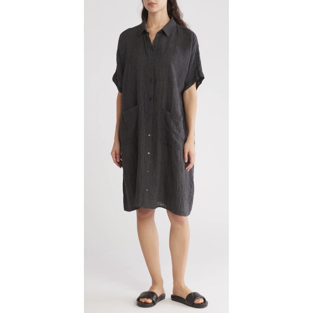 Eileen Fisher Linen Gingham Shirtdress M Puckered Organic Plaid Lagenlook Gorp